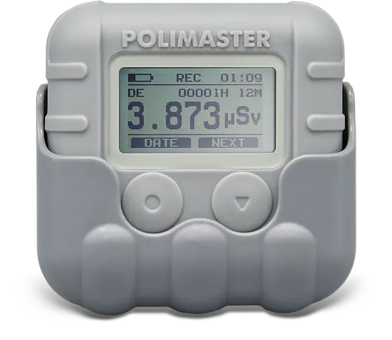 polisimeter electronic personal dosimeter by polimaster front view with holder