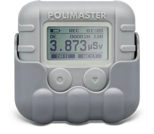 polisimeter electronic personal dosimeter by polimaster front view with holder